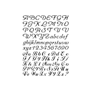 May include: A white background displays a black, elegant cursive font. The image showcases the complete alphabet in uppercase and lowercase, along with numbers 0-9 and punctuation. The font is suitable for invitations and elegant designs.