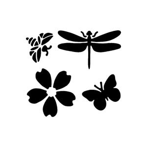 Vraiment super pochoirs, mini, amis du jardin, pochoir insectes, 3 x 3 pi, réutilisables, libellule, insectes, abeille, papillon, fleur, marguerite, été