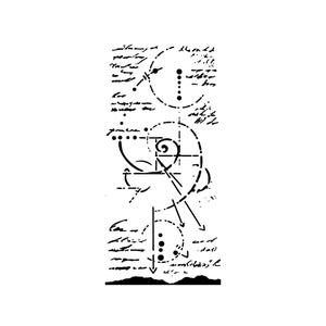 May include: Black and white abstract design with handwritten text, circles, lines, and arrows. The design features a spiral, dotted circles, and various geometric shapes. The overall aesthetic is reminiscent of a vintage blueprint or scientific diagram.