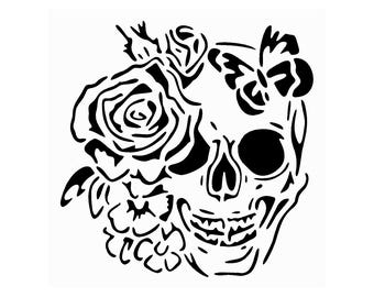 Really Great Stencils, Skull & Roses 2 Stencil, 6x6", Card Front, Skeleton Head, Butterfly, Flowers, Gothic Skulls, Halloween, Floral, Dark