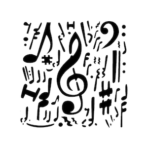 May include: Black and white illustration of musical notes and symbols. The design includes treble clefs, eighth notes, sharps, and other musical notations arranged in a square pattern. A visually striking design for music lovers.