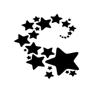 May include: Black star design arranged in a spiral pattern on a white background. The stars vary in size, with larger stars at the base of the spiral and smaller stars towards the end, creating a dynamic visual effect.