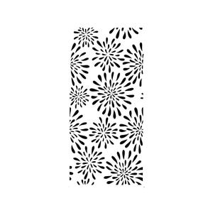 May include: A rectangular design featuring a repeating pattern of black, stylized bursts against a white background. The bursts have a radial design, with teardrop-shaped elements radiating outwards.