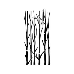 May include: Black and white graphic of stylized tree trunks and branches. The design features a cluster of vertical tree trunks with various branches extending outward. The image is a minimalist design, suitable for wall art or decorative purposes.