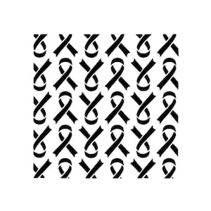 May include: A repeating pattern of black awareness ribbons on a white background. The ribbons are stylized and arranged in a grid-like formation, creating a visually consistent design. The ribbons are a solid black color.