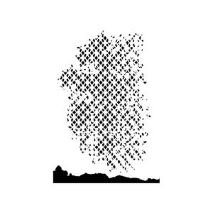 Könnte beinhalten: Abstrakte schwarz-weiße Grafikdesign. Das Design zeigt eine strukturierte, rautenförmige Form mit einer silhouettenartigen Landschaft am unteren Rand. Das Kunstwerk ist vor einem schlichten weißen Hintergrund platziert.