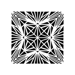 May include: Black and white geometric pattern with a starburst design in the centre. The pattern is made up of triangles and lines.