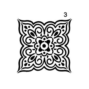 Vraiment super pochoirs, mini, pochoir Mandala 3, 3,5 pouces, réutilisable, carré, fleur étoilée, pétoncles vintage, polyvalent, classique, floral, pétales