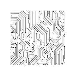 May include: A square graphic pattern featuring a black and white circuit board design. The image displays a complex network of thin lines and circular connection points arranged in a geometric layout, creating a technical and repeating electronic motif.