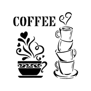 May include: Black and white graphic of the word "COFFEE" above a stylized coffee cup with steam and hearts, and a stack of coffee cups. The coffee cup has a decorative border.