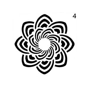 Vraiment super pochoirs, mini, spirale fleur 4 pochoir, 3,5 pouces, réutilisable, fleurs de marguerite, gai, heureux, pétales superposés, rotation, moulinet