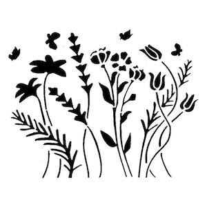 Echt geweldige stencils, hoge bloemen 2, 4 x 6" stencil, wilde bloemen, bloemen, tuin, hoge bloem, tulpen, voorkant kaart, vlinders, bladeren,