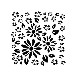 Vraiment super pochoirs, fleurs aux couleurs vives, 5 x 5 po., pochoir d'arrière-plan, superposition, réutilisable, fleurs joyeuses, marguerites, feuilles, collage floral