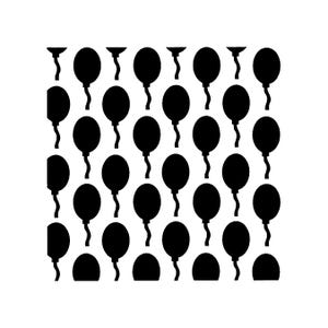 May include: A repeating pattern of black balloon silhouettes on a white background. The balloons are evenly spaced and appear to be floating, with curved strings and rounded shapes. The design is simple and graphic.