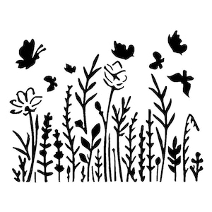 Vraiment super pochoirs, fleurs des prés et amis 1, 4 x 6", fleurs sauvages, floral, jardin, grande fleur, papillons, recto de la carte, graminées
