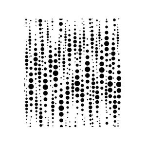 May include: Black and white abstract pattern with a series of vertical lines of varying lengths made up of black circles of different sizes.