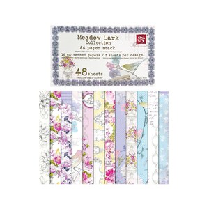 Prima, Meadow Lark Paper Pack, A4 Papierblock, 48 Kartonseiten, einseitig bedruckt, Süße Muster, Vögel, Blumen, Gedeckte Schattierungen, Pastellfarben