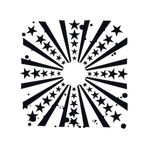 May include: Black and white graphic design featuring a burst of radiating lines and stars. The design has a central white circle, with black lines and stars emanating outwards. The stars are arranged along the lines, and there are ink splatters around the edges.