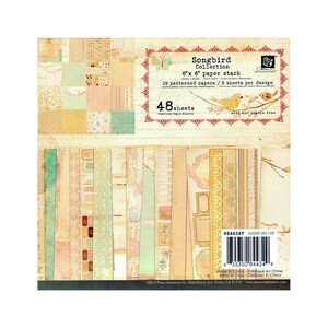Prima, Collection Songbird, Pile de papier, Bloc de papier de 6 po., Bloc de papier cartonné, Papiers crème, Aqua, Oiseaux, Branches d'arbres, Tenir un journal, Motifs vintage