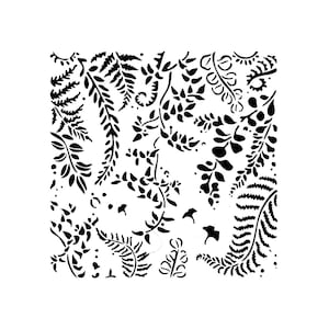 May include: Black and white botanical pattern featuring various leaf and fern silhouettes. The design includes detailed renderings of different plant species, creating a dense, textured visual effect. The leaves and ferns are arranged in a repeating pattern.