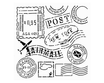Really Great Stencils, Vintage Postage Stencil, 6x6", Card, Background, Mail, Airmail, Canceled Stamps, New York, Bangor, Postmark, Airplane