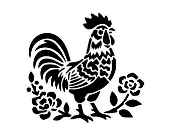 Really Great Stencils, Chicken Stencil 8, 6x6", Folk Art Rooster, Floral Flourishes, Chickens, Animals, Birds, Poultry, Fowl, Farm, Floral