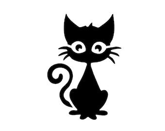 Könnte beinhalten: Ein schwarzer Silhouetten-Aufkleber einer Katze mit großen, runden Augen, spitzen Ohren und einem langen, geringelten Schwanz. Das Design zeigt eine stilisierte Katzengestalt mit Schnurrhaaren auf beiden Seiten des Gesichts als einfarbige Grafik.