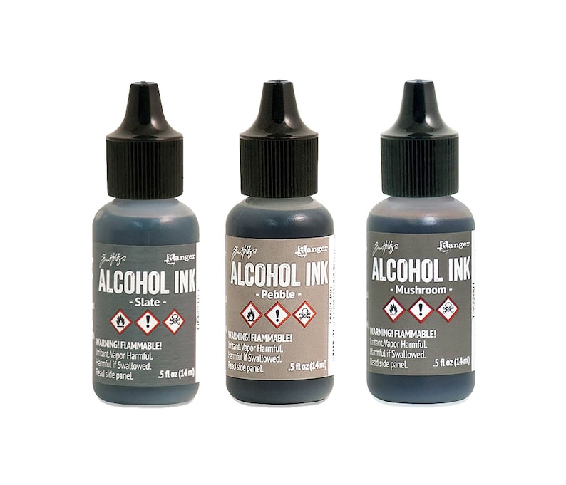 Ranger, Tim Holtz, Alcohol Ink, .5oz Bottles, 3 Inks, Slate Grey, Pebble Brown, Mushroom, Grey Ink, Brown Ink