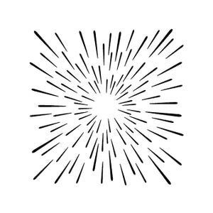 May include: A black and white illustration of a burst or explosion emanating from a central point. The design features numerous black lines radiating outwards, creating a dynamic and energetic visual effect. The lines vary in length and thickness.