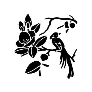 Vraiment super pochoirs, oiseau à longue queue 1, 5,9 x 5,9 pouces, arrière-plan, superposition, fleurs, paon, branche d'arbre, fleurs, oiseaux, paon