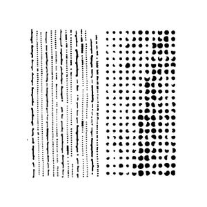 Op de afbeelding: Zwart-wit abstract ontwerp met een verticaal patroon van lijnen en een horizontaal patroon van stippen.