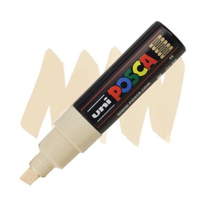Op de afbeelding: Een beige Uni Posca PC-5M verfmarker met een zwarte barrel en kleurrijk logo. De marker heeft een beige punt en wordt getoond met beige verfstreken op de achtergrond. De tekst "BEIGE" staat op de marker.