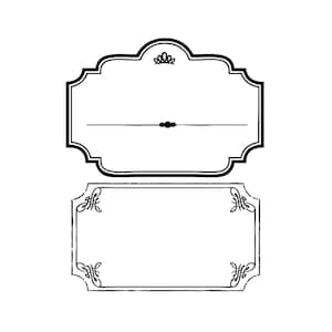 May include: Two black and white decorative frames with ornate designs. The top frame has a crown-like design at the top and a horizontal line in the middle. The bottom frame has a more simple design with four decorative corners.