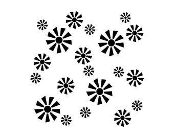 Riktigt bra schabloner, Window Wheel Flowers schablon, 15x15 cm, bakgrund, blomma, retro prästkrage, prästkragar. Glada blommor, spridda blommor, nyckfull