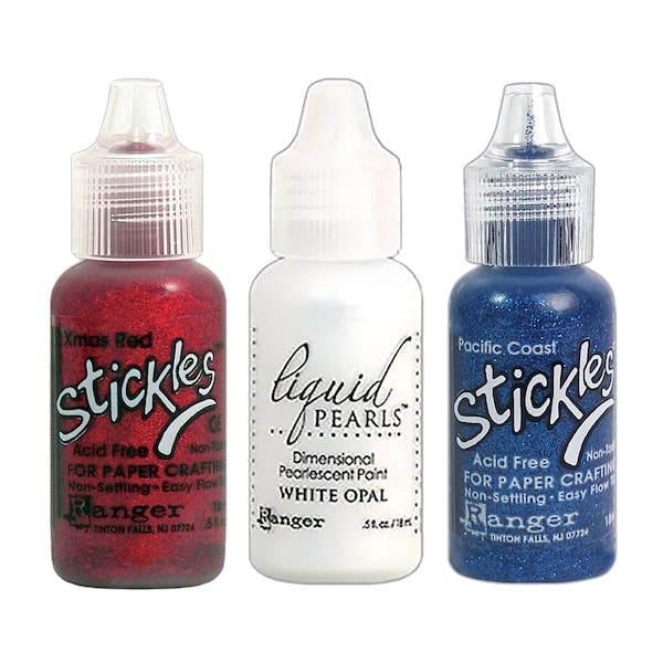 Ranger, Stickles Glitter Glue, Liquid Pearls, 3 Colors, Red Stickles, White Opal Liquid Pearls, Pacific Coast Blue, Puffy, USA Flag