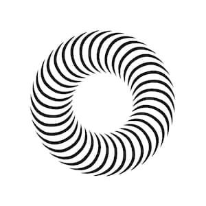 Pode incluir: Gráfico a preto e branco de um design circular. O design é composto por numerosas linhas pretas curvas dispostas em arcos concêntricos, criando um efeito tridimensional. O fundo é branco liso.