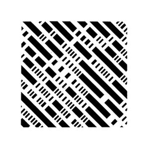 May include: Black and white geometric pattern. The design features a series of thick, diagonal black lines and shorter, parallel lines, creating a woven or grid-like effect. The pattern is set against a white background.