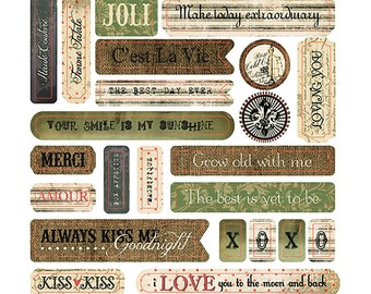 May include: A collection of decorative labels with various phrases in English and French. The labels feature a mix of fonts and designs, including floral patterns, burlap textures, and vintage-style borders. Phrases include "Love," "Always Kiss Me Goodnight," and "C'est La Vie."
