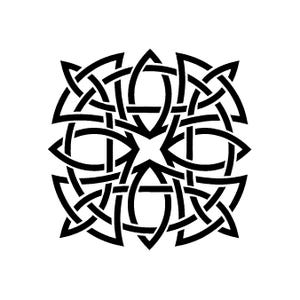 May include: A symmetrical black and white Celtic knot design. The intricate pattern features interwoven lines and shapes, creating a complex and visually appealing geometric design. The design is centered and set against a plain white background.