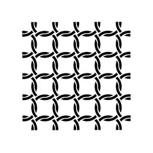 May include: Black and white repeating pattern of interlocking rounded shapes, creating a chain-like design. The pattern is symmetrical and covers the entire surface, with a clean, modern aesthetic. The design is suitable for various applications.