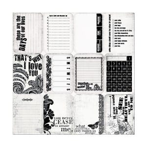 My Mind's Eye、Meadowlark Dusk コレクション、カード、2 x 12 インチのカード用紙、ジャーナリング、白黒、ビンテージ スクリプト、週間プランナー、QC チェックリスト