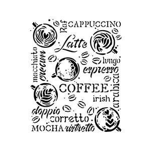 Really Great Stencils, Coffee Obsession Stencil, 8&quot;x10&quot;, Background, Layering, Barista, Cappuccino, Latte, Macchiato, Lungo