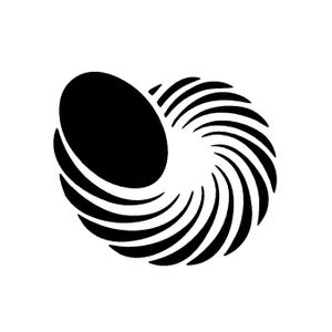 May include: A black and white graphic design featuring a stylized spiral shape. The design includes a solid black oval shape and a series of curved black lines that create a swirling effect, set against a white background.