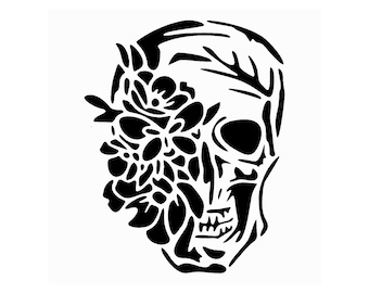 Really Great Stencils, Skull & Flowers 2 Stencil, 6x6", Card Front, Skeleton Head, Gothic Skulls, Halloween, Floral, Dark Image, Bones