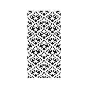 Puede incluir: Patrón de damasco en blanco y negro. El diseño presenta un motivo floral repetitivo con líneas curvas y elementos simétricos. El patrón está orientado verticalmente sobre un fondo blanco.