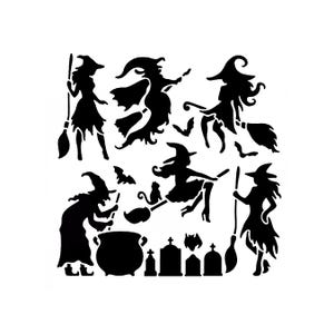 May include: A black stencil design featuring multiple silhouettes including witches in pointed hats, some flying on broomsticks, a cat, bats, a cauldron, and several gravestones. The various figures are arranged in a group on a white background.