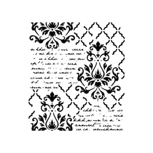 May include: A black and white stencil featuring a damask pattern with floral and geometric elements, and handwritten script. The design includes ornate flourishes and a repeating lattice pattern, suitable for crafts and home decor.