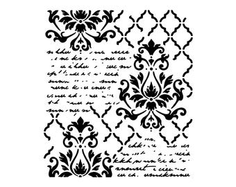 Really Great Stencils, Damask & Script Stencil, 5.7x6.7", Background, Layering, Vintage Writing, Old Lace, Worn Correspondence, Diamonds