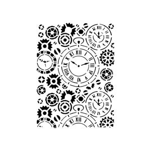 May include: A black stencil featuring a repeating pattern of various clock faces with Roman numerals and intricate mechanical gears. The design includes multiple circular timepieces of different sizes interspersed with cogwheels of varying shapes and teeth.