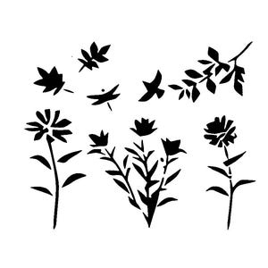 Vraiment super pochoirs, fleurs de jardin, pochoir 4 x 6", fleurs sauvages, floral, grandes fleurs, libellule, recto de la carte, feuilles, oiseau qui vole, jardin